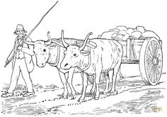 an old drawing of two oxen pulling a wagon full of hay with a man standing next to it