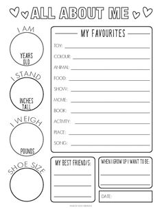 an all about me worksheet with the words my favorites in black and white