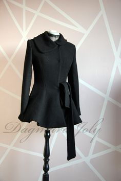 Beautiful short black belted coat. Features -fabric - wool ( 80% wool, 20% polyamide ) -THE WOOL WITH BLACK SQUARES NO LONGER AVAILABLE, FABRIC AVAILABLE -BLACK WOOL ( no squares ) -fit and flare -big collar -fastens with two belts and snaps - fully lined  -length approx 70cm ( 27 inch)  -Made to order-making time 10-14 working days -Made in France Pease choose your size, size chart available on the last photo. After your purchase i will contact with you to confirm your measurements for chosen size. Model is 170 cm tall Black Belted Wool Coat, Fitted Black Belted Wool Coat, Fitted Belted Wool Coat For Winter, Fitted Wool Coat With Belt, Belted Wool Coat Fitted, Fit And Flare Coat, Wool Wrap Coat, Asymmetric Jacket, Big Collar