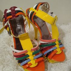 4.5 Inches, Brand New Yellow Heels With 4-inch Heel For Spring, Spring Yellow Heels With 4-inch Heel, Bold Yellow High Heel Shoes, Bold Yellow High Heels, Yellow 4-inch Heels For Spring, Yellow Bold Ankle Strap Heels, Retro Yellow Heels For Party, Yellow Retro Heels For Party, Bold Yellow Open Toe Heels