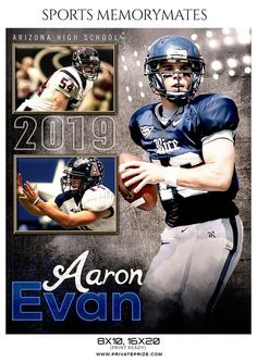 a football player is shown in this sports memory card design for aaron evans, arizona high school