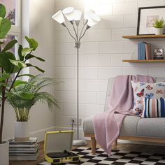 a living room with a couch, lamp and potted plant