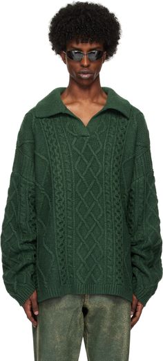 Cable knit acrylic- and wool-blend sweater. · Spread collar · Open placket · Rib-knit hem and cuffs · Vented side seams Supplier color: Castle green Cable Knit Turtleneck Sweater, Green Brands, Cable Sweater, Mens Green, Wool Blend Sweater, Green Sweater, Turtleneck Sweater, Vneck Sweater, Crew Neck Sweater