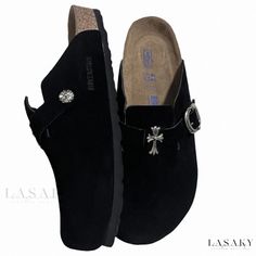 Lasaky - Cross Black Brogue Shoes with Thick Sole - Genuine Leather Slip-On Loafers Vintage Leather Sandals, Cow Hide Shoes, Black Brogues, Shoe Sole, Brogue Shoes, Outdoor Wear, Leather Slip Ons, Leather Loafers, High Heel Sandals