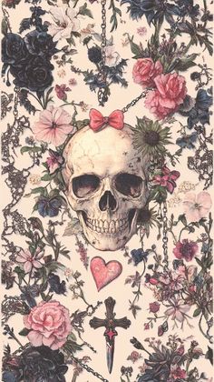 a drawing of a skull with flowers and hearts on it's face, surrounded by chains