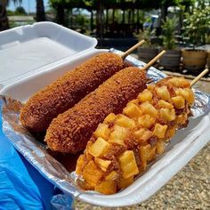 two pieces of fried food are in a plastic container with skewers on them