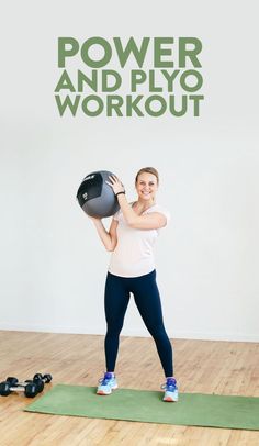 a woman holding a kettle while standing on a yoga mat with the words power and piyo workout above her