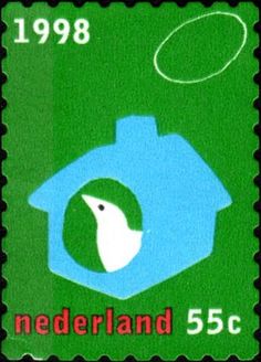 a stamp with the image of a bird in a house on it's side