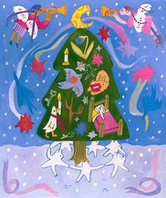 a painting of a christmas tree with angels around it and stars in the sky above