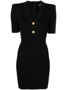 short-sleeve tailored dress from Balmain featuring black, V-neck, short sleeves, shoulder pads, decorative button detailing and rear zip fastening. Tailored Dress, Knit Shorts, Brown Fashion, Mini Dresses, Mini Black Dress, Shoulder Pads, Dress Black, Ribbed Knit, Short Sleeve Dresses