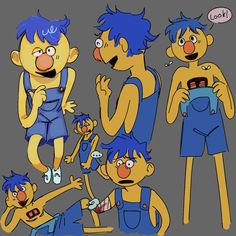 some cartoon characters with blue hair and overalls