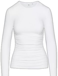 Spring Bodycon Long Sleeve Top, Long Sleeve Ruched Top For Night Out, Ruched Long Sleeve Top For Night Out, White Bodycon Top For Night Out, White Fitted Long Sleeve Crew Neck Top, White Fitted Long Sleeve Top For Fall, Bodycon Long Sleeve Tops For Fall, Fall Bodycon Long Sleeve Tops, Chic White Crew Neck Long Sleeve Top