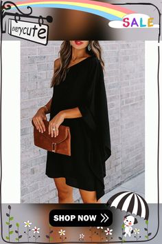 Black Sloping Shoulder One Piece Casual Dress Black Solid Mini Dress For Evening, Black Dress For Going Out, Black One Shoulder Mini Dress For Day Out, Black One-shoulder Mini Dress For Fall, Black Shift Dress For Summer, Casual Black Mini Dress For Cocktail, Casual Black Mini Cocktail Dress, Casual Black Cocktail Dresses, Casual Black One-shoulder Dress