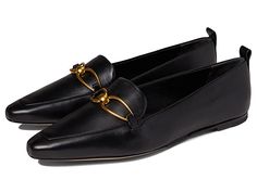 Veronica Beard Champlain Ch - Women's Shoes : Black : Complete your formal look, wearing the Veronica Beard Champlain Ch Loafers with a stylish and super comfy design. Leather upper, lining, and insole. Pull tabs for easy wear and removal. Slip-on style. Flat silhouette. Pointed toe. Goldtone metallic hardware on the vamp for an enhanced look. Leather outsole with added traction and durability. Made in Italy. Measurements: Weight: 6.7 oz Product measurements were taken using size 9, width M. Ple Elegant Flats With Removable Insole For Formal Occasions, Elegant Formal Flats With Removable Insole, Classic Flats With Metal Feet For Work, Chic Formal Flats With Branded Heel Counter, Modern Formal Flats With Leather Footbed, Chic Slip-on Flats For Formal Occasions, Chic Formal Slip-on Flats, Chic Formal Loafers With Leather Footbed, Chic Formal Flats With Removable Insole