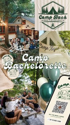 a collage of photos with the words camp bachelore and images of people sitting at picnic tables