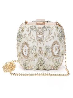 White Angelic Gold Clutch Bag By The Purple Sack now available at Trendroots Embroidered Beige Shoulder Bag For Party, Beige Embroidered Evening Bag For Events, Beige Embroidered Evening Clutch, White Embroidered Rectangular Evening Bag, Party Embroidered Beige Shoulder Bag, Beige Embroidered Clutch Evening Bag, Embroidered Beige Pouch Clutch, Beige Embroidered Shoulder Bag For Evening, Beige Embroidered Evening Shoulder Bag