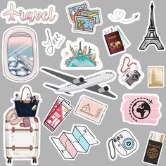 an assortment of travel stickers on a gray background with the eiffel tower in the distance