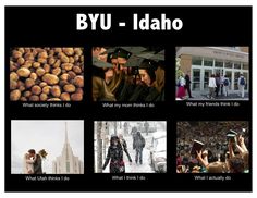 several pictures with words describing what people are doing in front of them and the caption that says byu - idaho