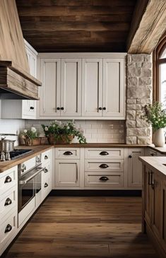 a kitchen with white cabinets and wood floors is pictured in this image, there are potted plants on the counter