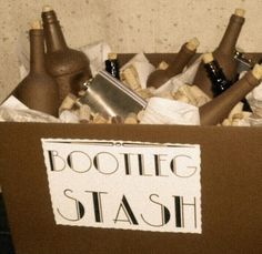 a cardboard box filled with lots of bottles