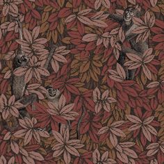 an image of monkeys in the leaves on a brown and red wallpaper pattern that looks like it is going to fall