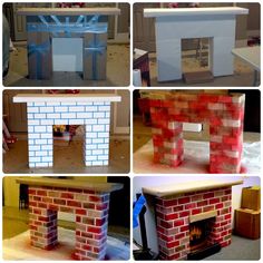 four different pictures of a fireplace made out of bricks and paper machs, including the top one being painted white