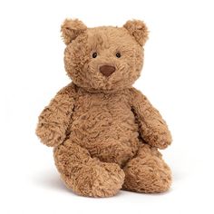 a brown teddy bear sitting up against a white background