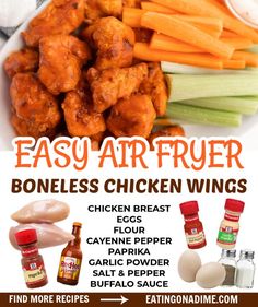 an advertisement for easy air fryer boneless chicken wings with ingredients in the background