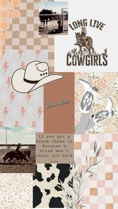 a collage of different images with words and pictures on the bottom, along with an image of a cowgirl riding a horse