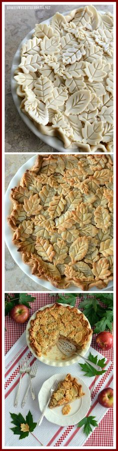 four different pictures of pies on top of each other, one with apples and the other with leaves