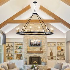 a living room filled with furniture and a fire place in the middle of a room