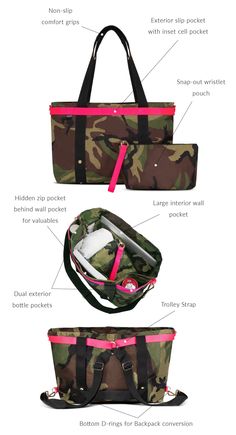 Our Signature ANDI is designed and crafted to fit life. Virtually weightless with comfortable non-slip shoulder grips, this piece transforms from tote to crossbody and into a backpack when you need to be hands free - and easily slips over a roller suitcase. The upgraded ANDI boasts two additional exterior pockets, size Functional Camouflage Bags For Everyday Use, Camouflage Bag With Adjustable Strap For Everyday Use, Functional Camouflage Travel Bag, Camouflage Functional Travel Bags, Camouflage Travel Bag With Adjustable Strap, Hands Free, Fit Life, Camouflage, Camo