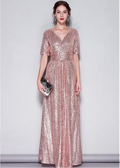 Short Sleeve Bridesmaid Dress, Prom Dresses Boho, A Line Evening Dress, Sequin Formal Dress, Runway Dresses, Swimsuit Dress, Prom Dresses Long With Sleeves, Pink Sequin, Prom Party Dresses