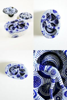 blue and white bowls with designs on them are shown in three different angles, one is upside down