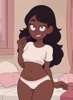 a cartoon girl brushing her teeth while standing in front of a bed with pink sheets