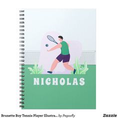 a spiral notebook with a tennis player on the cover and cactuses in the background