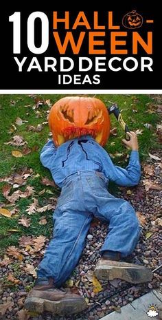 a man laying on the ground next to a jack - o'- lantern pumpkin