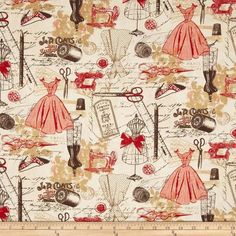 an old fashion fabric with sewing supplies and scissors on the ground, in red and white