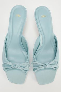 HEELED MULES WITH BOW - Blue | ZARA Canada Cool Heels, Wishlist Shoes, Cute Summer Shoes, Baby Blue Shoes, Mule Heels, Blue Clothing, Heeled Mule, Mule Shoes, Summer Heels