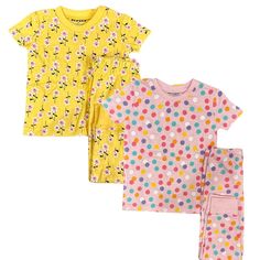 Yellow Flowers/Dots 2 Pack Kids Shortsleeve Pajama sets Matching Spring Loungewear Sleepwear, Spring Matching Loungewear Sleepwear, Matching Sets For Spring Pajama Party, Multicolor Bedtime Sets For Spring, Matching Sleepwear For Pajama Party In Spring, Spring Matching Sets For Sleepover, Spring Loungewear Sets In Playful Style, Polka Dot Cotton Sleepwear For Pajama Party, Matching Spring Bedtime Sets