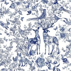 a blue and white wallpaper with deers, flowers and birds