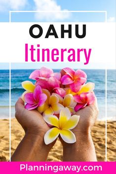 the words oahuu itinerary written in pink and yellow flowers