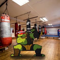 an image of a boxing ring with punching gloves on the wall and a cartoon turtle in the middle