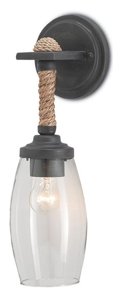 Currey and Company - 5000-0049 - One Light Wall Sconce - Hightider - French Black/Natural Cafe Industrial, Rack Industrial, Farmhouse Style Lighting, Industrial Materials, Wall Sconces Living Room, Sconces Living Room, Hanging Mason Jars, Wall Sconces Bedroom, Sconces Bedroom