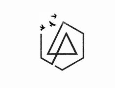 a black and white logo with birds flying around it, in the shape of a hexagonal triangle