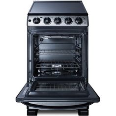 an oven with the door open and two burners on it's side, in front of a white background