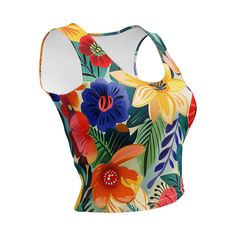 Look fabulous in an all-over printed, body-hugging crop top, now offering FREE SHIPPING to the US, Canada, EU, and UK! The artwork This artwork is a vibrant celebration of Spanish flowers, featuring an array of blooming flora native to the Iberian Peninsula. The painting is bursting with colors—rich oranges, deep reds, sunny yellows, and striking blues, all harmoniously blended amidst lush green foliage. Each flower is stylized with playful brush strokes and dynamic contrasts, evoking the lively Spanish Flowers, Iberian Peninsula, French Collection, Everyday Carry, Spring Collection, Deep Red, Crop Tops Women, Sunnies, D Art