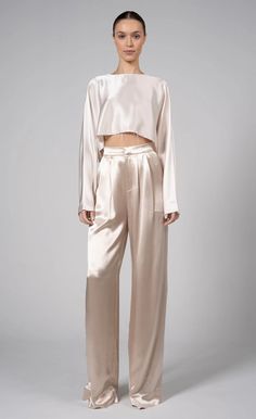 High-waisted, wide-leg pant - Paris Blush Neutral Elegant Outfit, Silk Cargo Pants Outfit, Satin Set Outfit, Silk Pants Outfit, Pisces Style, Neutral Wardrobe, Baddie Vibes, Silky Pants, Silk Wide Leg Pants