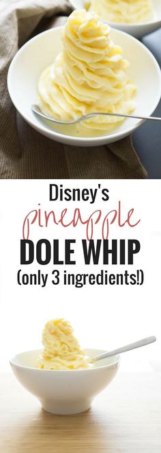 two white plates with pancakes on them and the words disney's pineapple dole whip only 3 ingredients