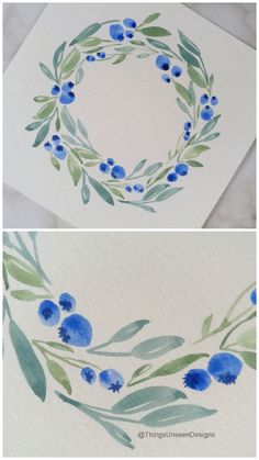 watercolor painting with blue flowers and green leaves on white paper, next to an image of